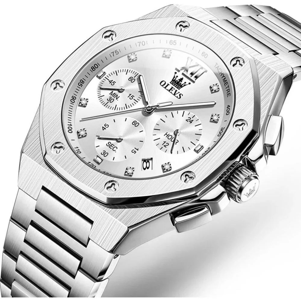 Olevs Men's Sliver Stainless Steel Man Watch with Date Luminous Stylish Watch